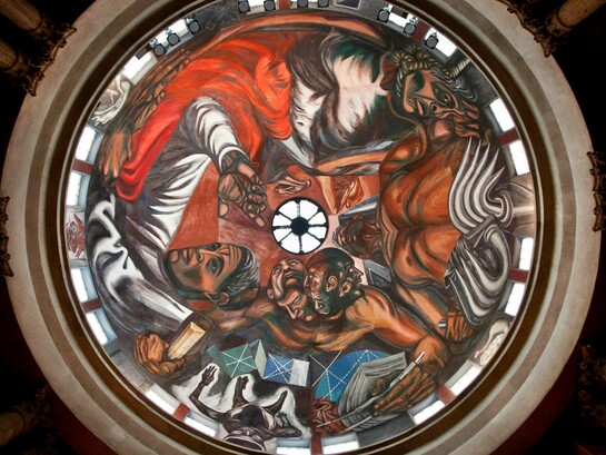 Mural "El hombre creador y rebelde" (1937 - 1935) de José Clemente Orozco en la cúpula del Paraninfo Enrique Díaz de León del Museo de las Artes de la Universidad de Guadalajara en Guadalajara, Jalisco, México
