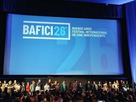 The team from the film La Virgen de la Tosquera in the main hall of the Gaumont cinema, before its premiere at the BAFICI festival, 26th edition