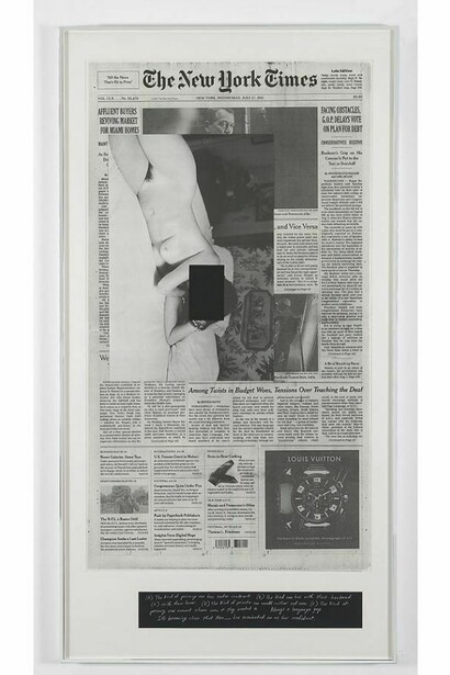 Leigh Ledare, An Invitation: Wednesday, July 27, 2011, 2012, Photolithograph on archival newsprint, silkscreen and pencil, 91 1/4 by 47 3/4 in. 231.8 by 121.3 cm