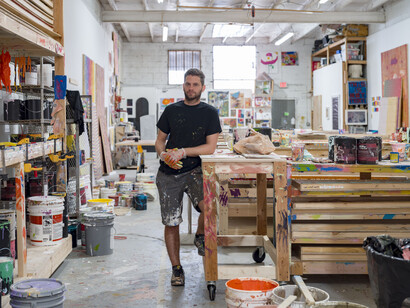 Loriel Beltrán in his studio, 2022 © Loriel Beltrán. Courtesy of the artist and Lehmann Maupin, New York, Hong Kong, Seoul, and London, and Central Fine, Miami Beach. Photo by Oriol Tarridas