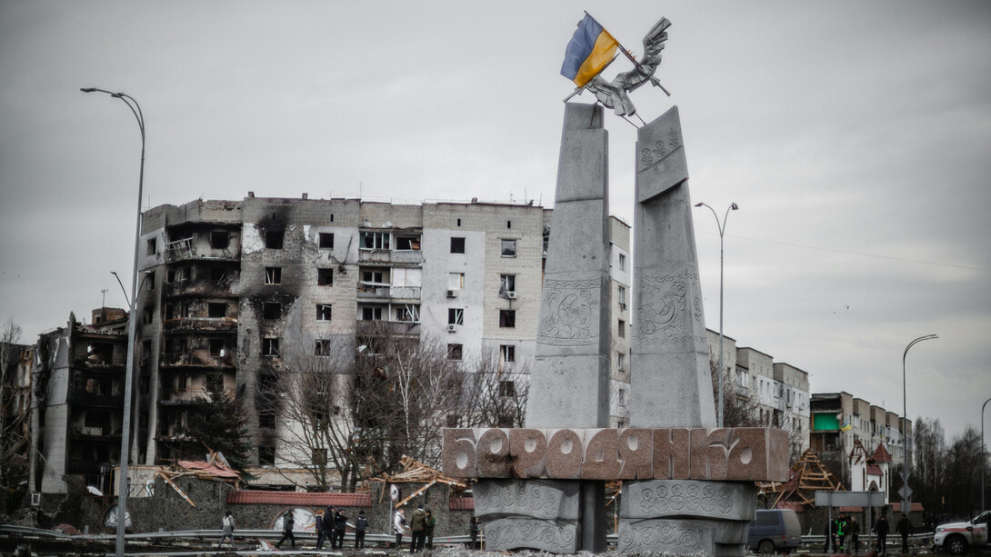 The Patriotic Monument in the heart of demolished Borodyanka, Kyiv Oblast, Ukraine, stands as a symbol of resilience amidst the destruction