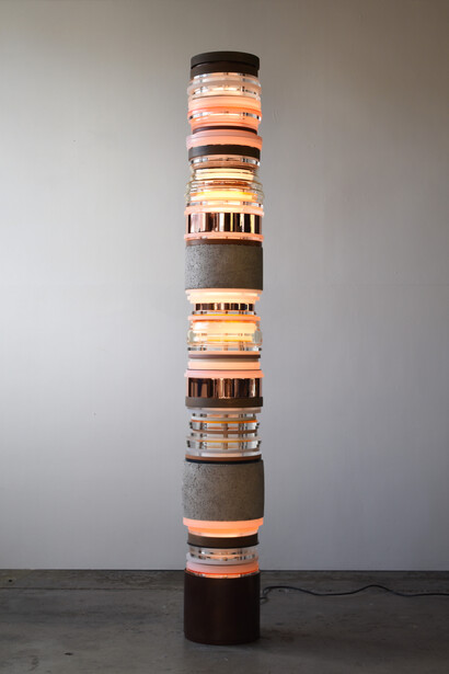 Matt Gagnon, Copper & Glass, 2022, concrete, glass, acrylic, wood, steel and LED lights, 76x10x10 inches. Courtesy of Winston Wächter Fine Art