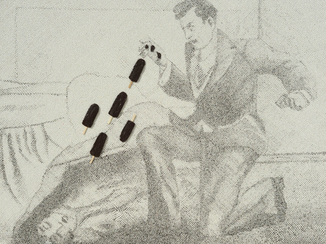 Farhad Moshiri, "I Scream Float" 2014, Acrylic beads and wood on canvas on board, 57 3/4 x 69 inches / 147 x 175 cm, Courtesy Galerie Perrotin