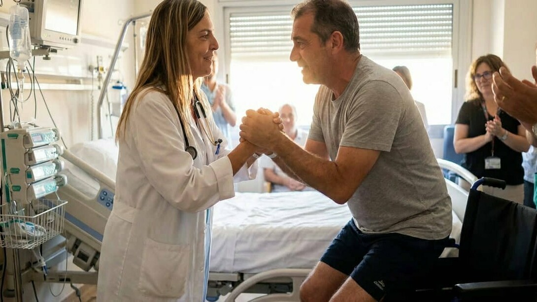 A biomédica e pesquisadora Dra. Tatiana Coelho de Sampaio auxilia um paciente em ambiente hospitalar. Estudos sobre polilaminina investigam como o microambiente celular pode favorecer a regeneração neurológica e ampliar possibilidades terapêuticas