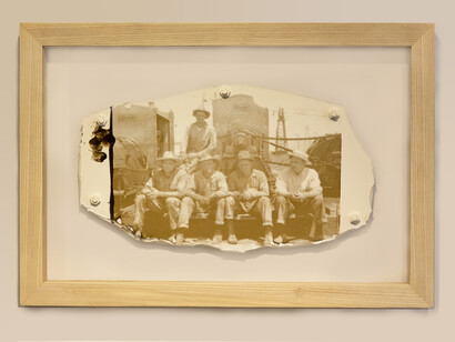 Roughnecks, 1934, 2013. Texas crude oil and varnish on industrial floor paint with cast paint nuts and bolts. 50 x 73 x 6cm