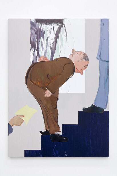 Sanya Kantarovsky, With Big Ones Small, With Small Ones, Big. (After Kukryniksy), 2014, Oil and watercolor on canvas, 55 x 40" / 139.7 x 101.6cm. Photo credit: Dawn Blackman. Courtesy of the artist and Casey Kaplan, New York 