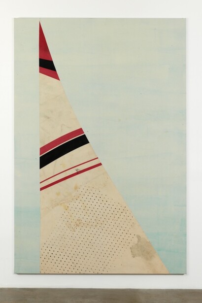Untitled, 2016, Primer, spray paint, acrylic, white spirit, cotton canvas on wooden stretcher
114 15/16 x 77 3/16 x 1 1/4 in (292 x 196 x 3.2 cm). Courtesy of Andrew Kreps Gallery