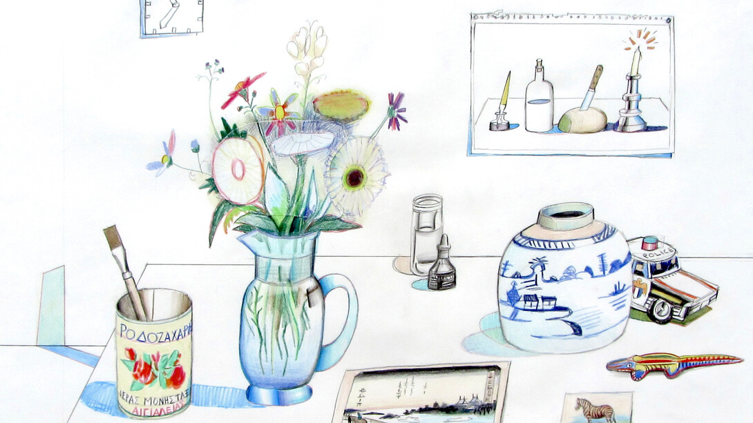 Saul Steinberg, Double Still Life, 1979, Colored pencil on paper, 21 1/2" x 29 1/2", Cover of Saul Steinberg's Still Life and Architecture, 1982 © The Saul Steinberg Foundation/ARS, NY