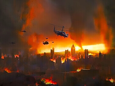 The war zone is a grim tableau of destruction, underscoring the profound impact and havoc wrought by conflict