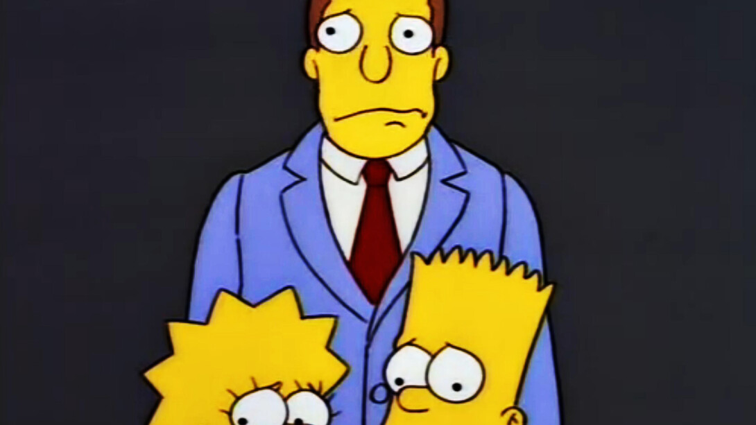 Lionel Hutz, abogado de dudosas credenciales, Lisa y Bart Simpson: los tres con cara de circunstancias