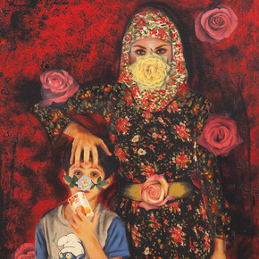 Shurooq Amin, This Way Up - Painting the Roses Red, 2013, Mixed media on canvas, 120 x 100 cm