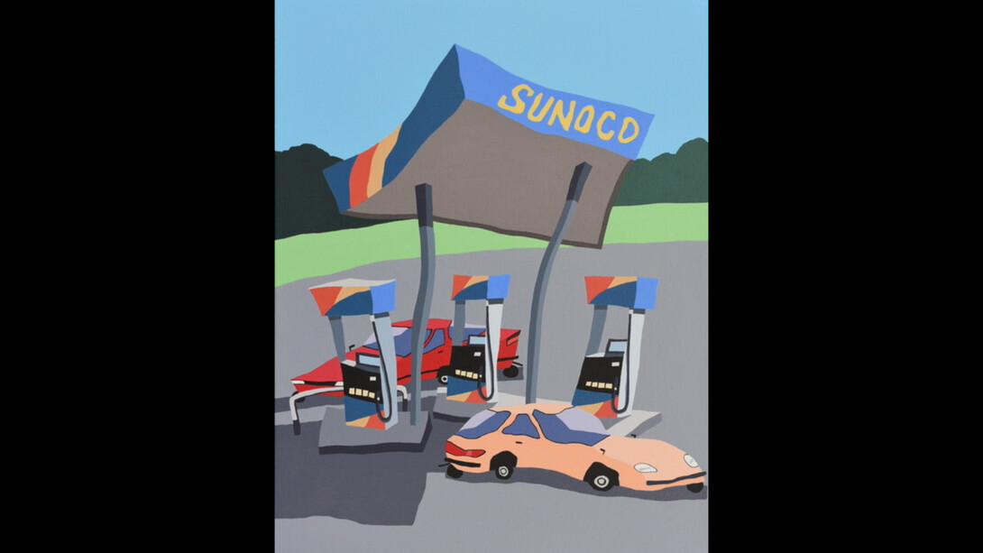 Motonori Uwasu, Gas station, 2022, acrylic on canvas, 16 1/8x12 1/2 inches. Courtesy the artist and Eleanor Harwood Gallery