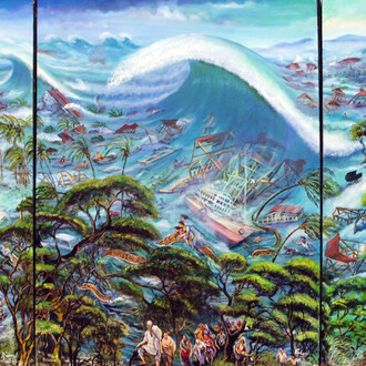 Richard Onyango, Tsunami, 2005. Triptych, Acrylic on canvas, 160 x 119,9 x 2,5 cm each panel © Richard Onyango. Courtesy of CAAC - The Pigozzi Collection, Ginevra