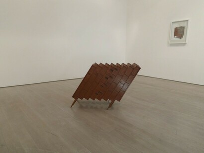 Richard Wilson, Blocka Flats, 2017, Reconfigured Furniture, 77 x 123 x 48.5 cm. © Richard Wilson.  Courtesy Annely Juda Fine Art


