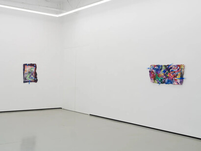 Katy Cowan, Tape drifts and figures reach, exhibition view. Courtesy of Philip Martin Gallery