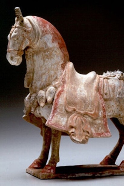 Caparisoned Horse, 534–550, polychrome ceramic, 12 3/4 x 12 1/2 x 7 3/4 inches (detail), Chinese. Eastern Wei dynasty