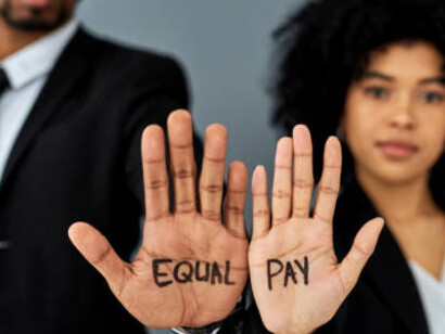 An African American woman and man holding their hands up, with "equal pay" written on them, symbolizing the fight for wage equality