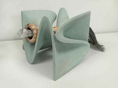 John Newman, Celadon green with a broad brush, 2014, computer generated and milled spalted maple, dark annealed and galvanized wire, cast Lucite, epoxy paste, gravel, wood papier mâché, steel wire, Japanese paper, acqua resin, acrylic paint, 18 x 36 x 18 inches