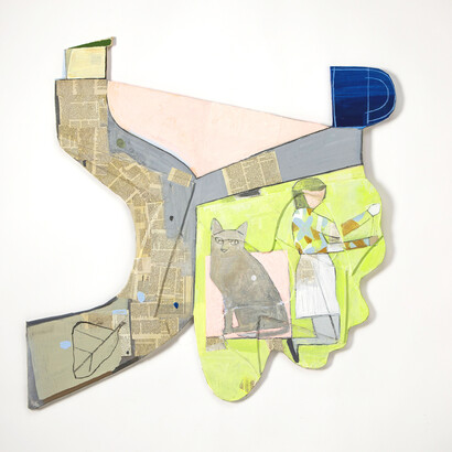 Miriam Hitchcock, Landscape with Blue Mug, 2023, mixed media, 37x40 inches. Courtesy of Garvey|Simon Art