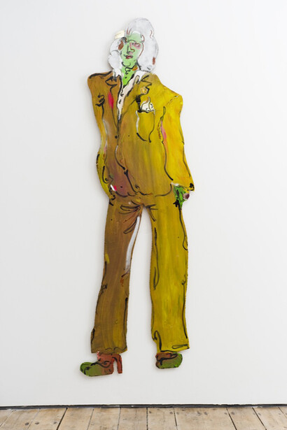 Edwin Burdis, The Plumbers: Signor Oro, acrylic, gloss paint, glitter, varnish, spray paint, pencil, crayon, collage, found objects, human hair on plywood, 2014  