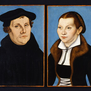 Lucas Cranach l’Ancien, Portrait de Martin Luther et sa femme, 1529, Technique mixte sur bois, H.37 ; L.23 cm, Florence, Galleria degli Uffi zi © Su concessione della SSPSAE e per il Polo Museale della città di Firenze