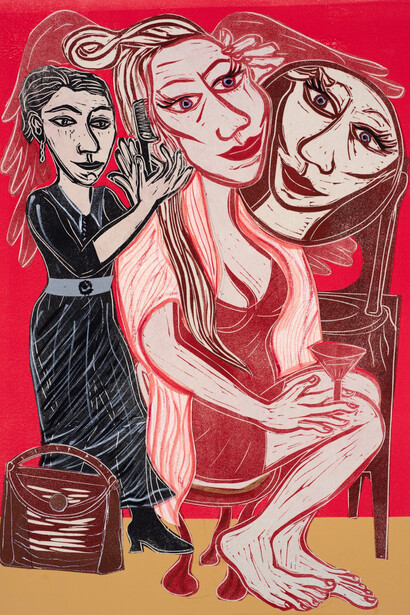 Eileen Cooper, In the Dressing Room, Collage with linocut, monoprint, pastel, conte and watercolour, 2019, 38 x 25.5 cm | © Eileen Cooper 2021