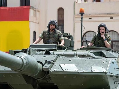 The Leopard 2E military tank showcased during the Bruch Barracks open days in Spain