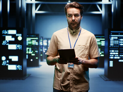 Rows of data center servers undergoing routine checks, illustrating the energy-intensive foundations of the digital world