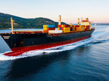 Aerial perspective of commercial shipping traffic in the Bosphorus, a key gateway for trade between the Black Sea, Europe, and the Middle East, Turkey