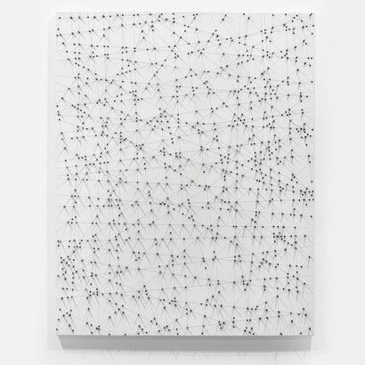 Quisqueya Henriquez, All Spiked in Black and White, 2018, metal, threads, cotton canvas and acrylic paint on wood panel, 60x48 inches. Courtesy of the artist and David Castillo