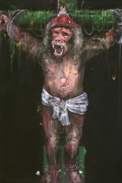 Li Tianbing, The tied Sun Wu Kong, 2014, Oil on canvas, 124.46 x 99.06 x 7 cm; 49 x 39 in.
