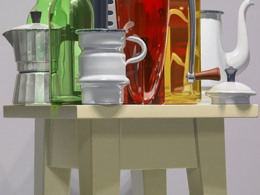Harold Reddicliffe, Ice Crusher, Coffee Pots, and Bottles, 2014, Oil on canvas mounted on panel, 11 x 14 in.