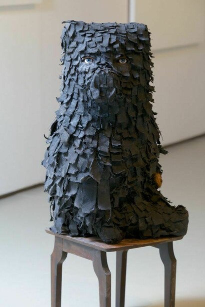 Kerry Jameson, 'Unbounded' installation view with focus on 'Remade- Ceramic Bear Inside Canvas' (2013), photo © Philip Sayer, courtesy of Marsden Woo Gallery