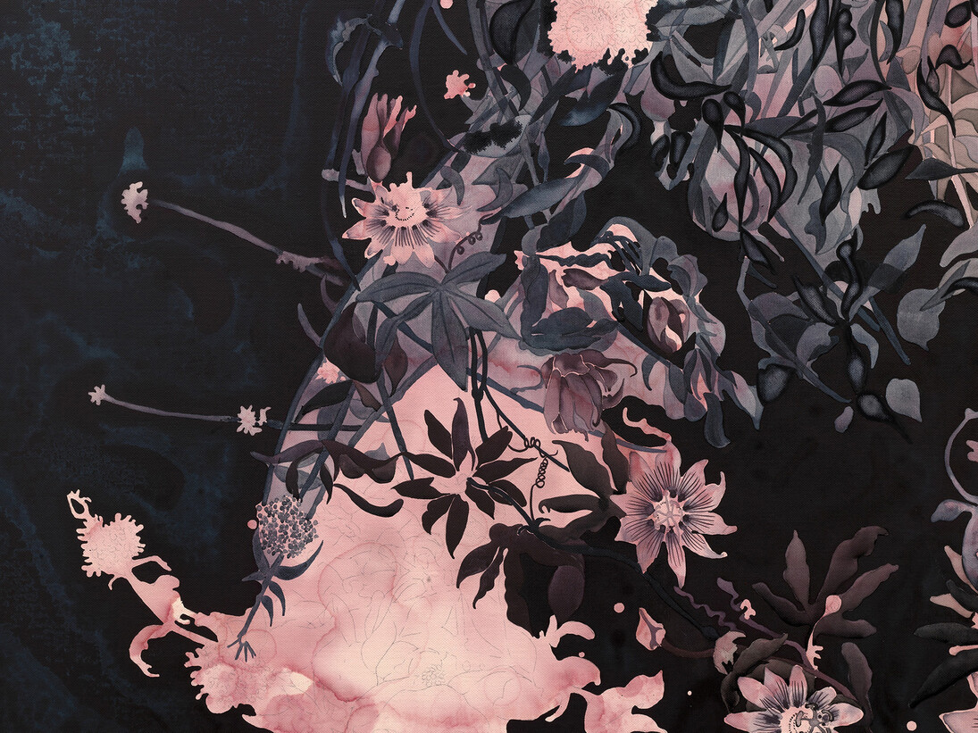 Hannah Maybank, Bobolla (detail), 2014, Synthetic Dragon's Blood, Graphite and Watercolour on Linen, 71 x 67 in / 180 x 170 cm