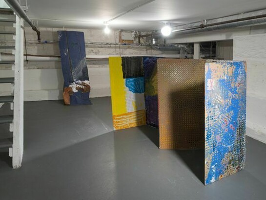 Eric Mack, All Daze, 2014, pegboard, acrylic paint, oil paint, thread, shoe string and twine, 48 x 92 x 35 inches