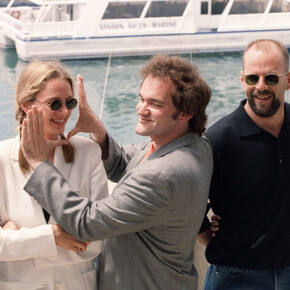 John Travolta, Uma Thurman, Quentin Tarantino, Bruce Willis, Maria De Medeiros. Pulp Fiction premiere al Festival di Cannes (45 edizione).