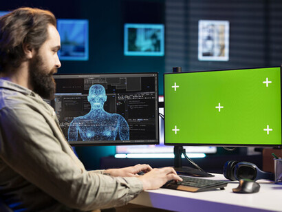 Robot de inteligencia artificial que adquiere forma humanoide dentro de una computadora con clave de croma