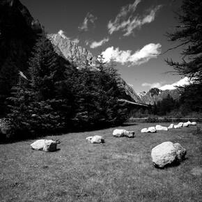 Richard Nonas, Bones, 2014, 36 Mont Blanc granite boulders, Two perpendicular lines, each 28 meters long, Val Ferret, Courmayeur, Italy. ©Richard Nonas. Courtesy of Fergus McCaffrey Gallery