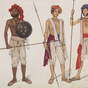 Master of the Fraser-Album, Three musketeers of Kurnal: Sergeant Kesu, Umi Chand, and Dharam Chand (Kala), Folio from a series of portraits of soldiers, dated 1816. Mit freundlicher genehmigung des Museum Rietberg