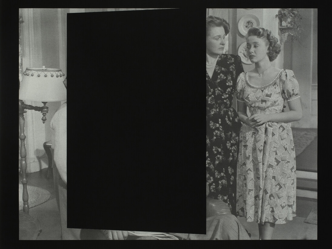 John Stezaker, Untitled, 2015, Silkscreen on black cotton, 64 9/16 x 80 11/16 in. (164 x 205 cm), Courtesy of The Approach, London