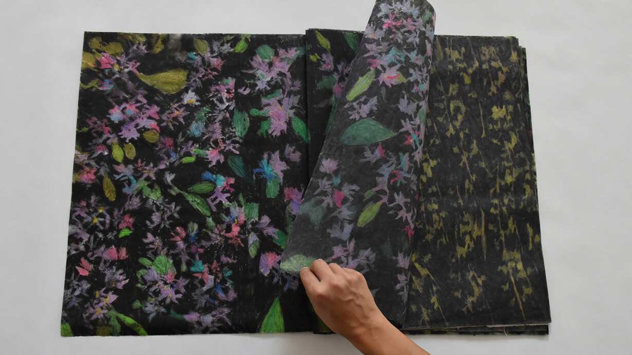 Elena Hamerski, Foresta Nera, (libro d'artista composto da 36 disegni), 2017, olio di lino, pastelli acquerellabili e carbone su carta, cm 50x74 cm, foto Francesca Merendi. 
