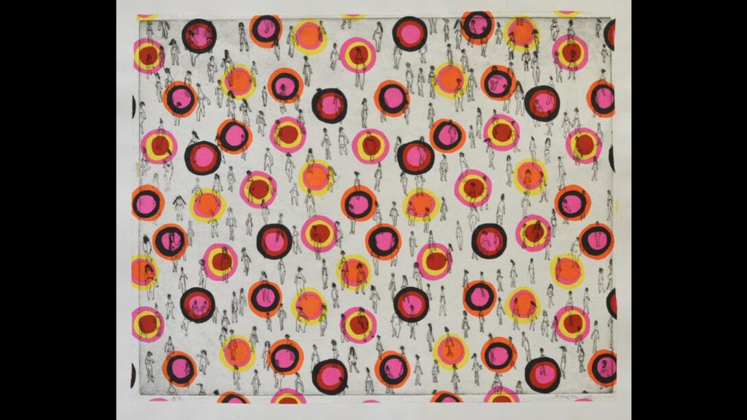 Fumiko Toda, Woman: Target (2022), etching and hand coloring , 18.5x22.5 inches. Courtesy of SEFA