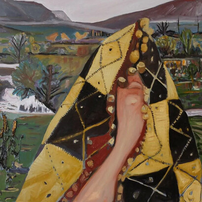 Gairdín Rós, Self-portrait with an african wedding cloth and tufts of grass, 2023. Courtesy of Olivier Cornet Gallery