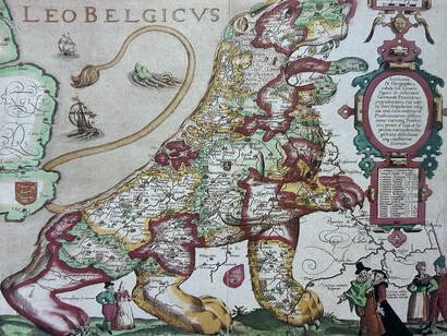 De Leone Belgico by Michael Eitzinger, c. 1590. The lion is a symbol of the emerging power of the Netherlands (the beast figures on most of the provincial arms). The Leo Belgicus is one of the most popular and enduring of cartographic curiosities. (photographed from The Mapmaker's Art: A History of Cartography by John Goss, pg. 332)