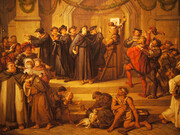 Pintura de Julius Hübner hecha en el siglo XIX que recrea el clavado de las noventa y cinco tesis de Martín Lutero, por medio de un muchacho, ante una multitud