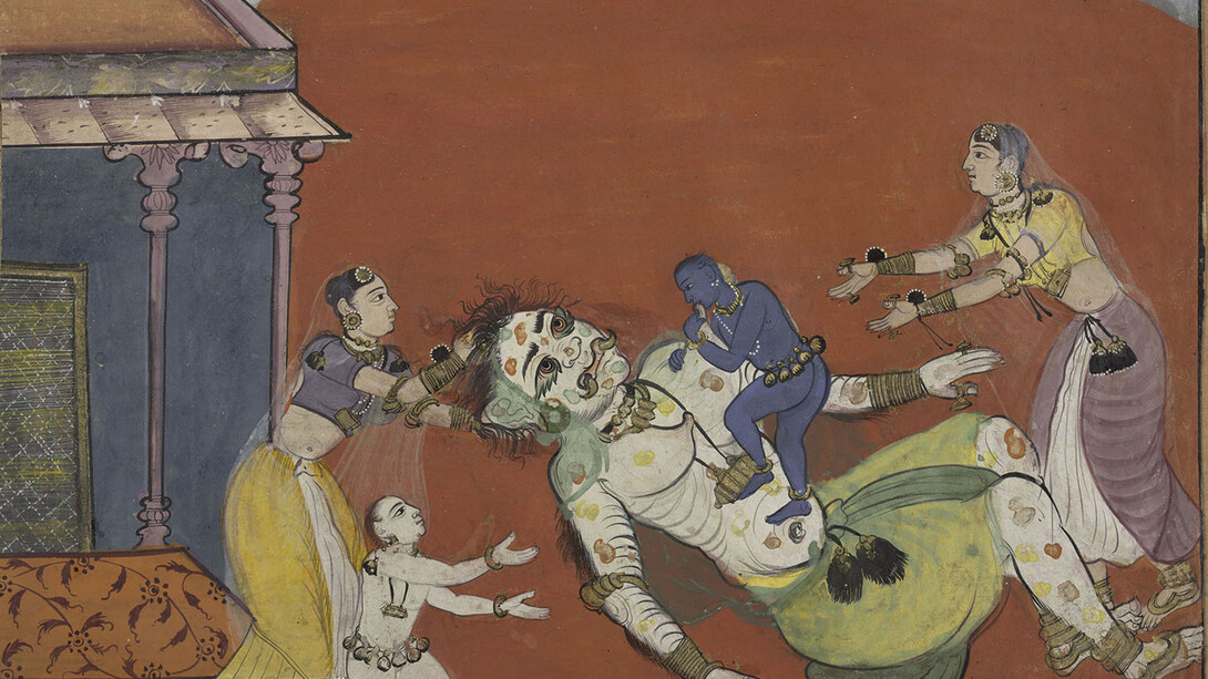 The Death of the Demoness Putana: Page from a Dispersed Bhagavata Purana
India (Rajasthan, Bikaner), ca. 1610 Ink and opaque watercolor on paper Image: 6 5/8 × 9 5/8 in. (16.8 × 24.4 cm) Sheet: 9 5/8 × 11 7/8 in. (24.4 × 30.2 cm) Cynthia Hazen Polsky and Leon B. Polsky Fund, 2002
Photo: Courtesy of The Metropolitan Museum of Art