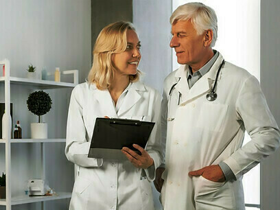 Doctores usando tapabocas discuten la medicina P4 e ilustran la importancia de las soluciones de atención médica personalizadas