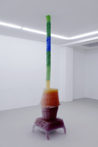 Matthew Darbyshire, CAPTCHA n°4 - Stove, 2014, Digital media hand drawn and cut in polycarbonate sheet, 320 x 70 x 65 cm, Courtesy: the artist, Galerie Jousse Entreprise, Paris & Herald Street, London