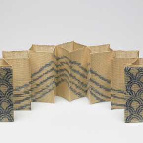 Kay Sekimachi, “Wave”, 1980. Woven book of linen, acrylic paint, and buckram (lining); double weave and warp-painting, 4 3/8 x 4 3/8 x 18 in. Gift of the artist, 2005.124