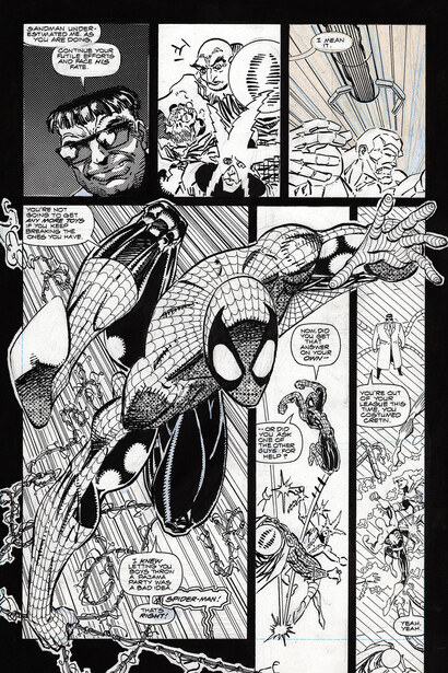 Una tavola di Spider-Man disegnata dall’artista Erik Larsen, così iconica da comparire anche nel film d’animazione “Spider-Man: Into the Spider-Verse”. Per gentile concessione di Anna Defrancesco comunicazione